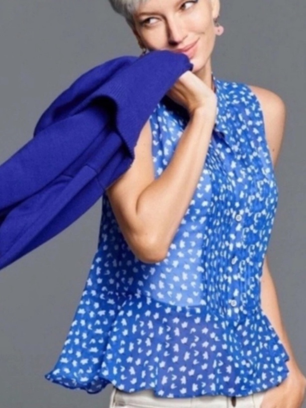 Cabi Electric Blue Peplum Ruffle Sleeveless Top 5530 Pintuck Blouse Small S